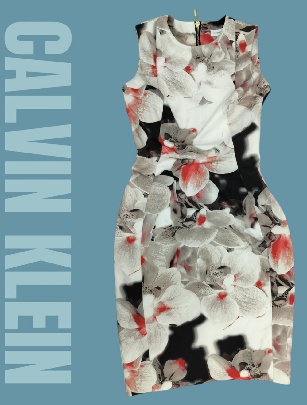 Calvin Klein White Floral Midi Dress with Coral and Black Accents